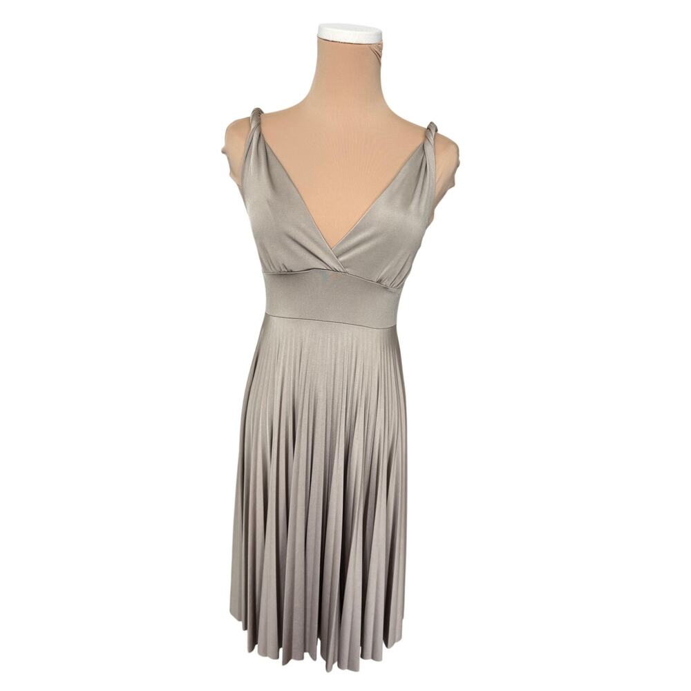 Mai Tai Evening Pleated V-Neck Dress Beige Gold Shimmer Womens Small